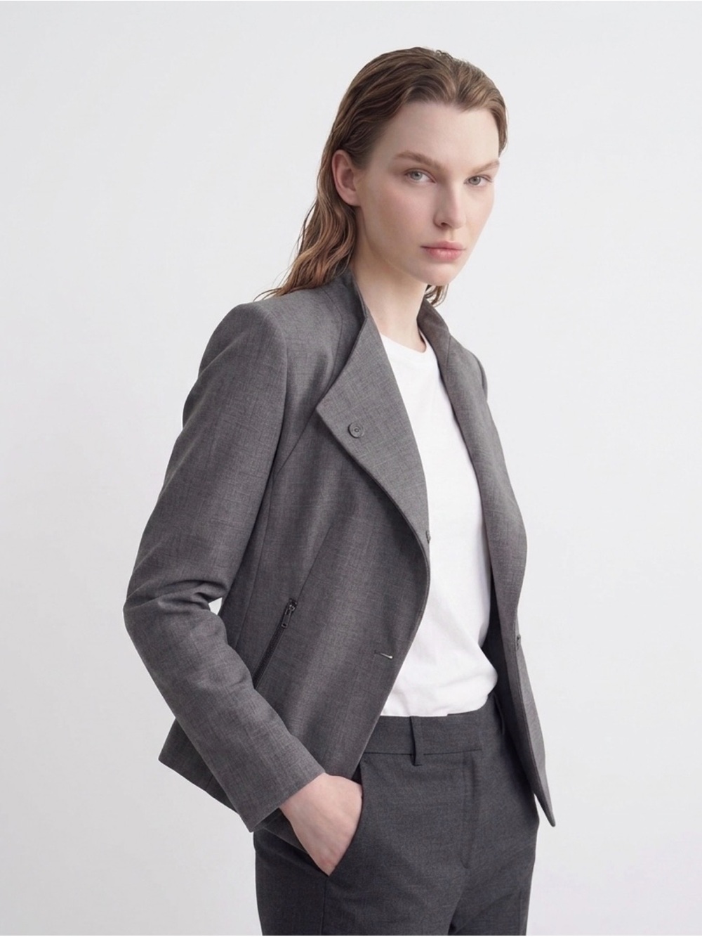 Ann Taylor Women’s Blazer/Jacket Size 8 Grey Asymmetrical Wool Blend